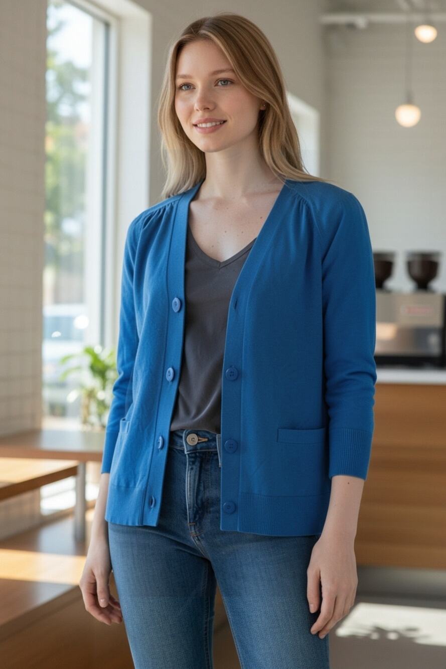 ANN TAYLOR Cardigan Size M Cute Blue Sweater w/ Pockets 3/4 Sleeve